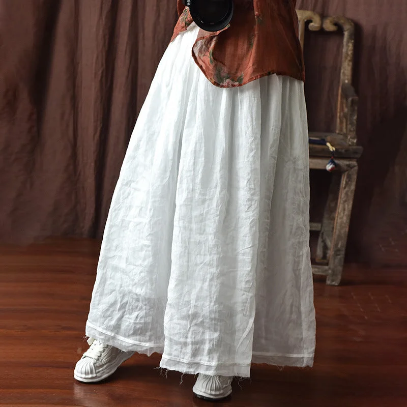 Flowy chiffon skirts for romantic summer days -Spring Plus Size Loose Linen Rough Hem Solid Skirt