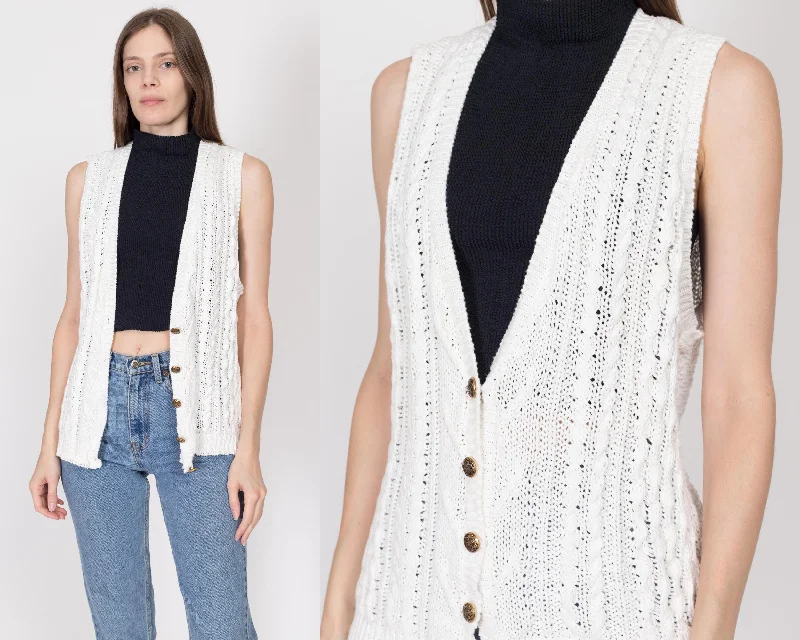 One - Shoulder Sweaters for Asymmetric Design -Medium 80s White Cotton Cable Knit Sweater Vest