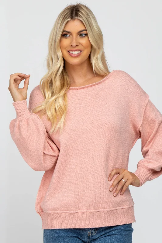 Abstract Pattern Sweaters for Artistic Flair -Light Pink Boat Neck Bubble Sleeve Sweater