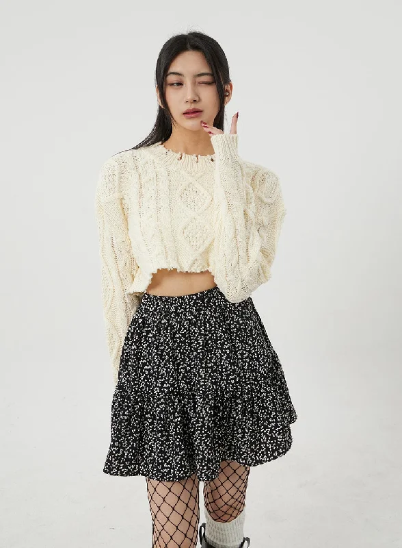 Valentine's Day Sweaters for Romantic Look -Cable Knit Ripped Cropped Sweater BJ320