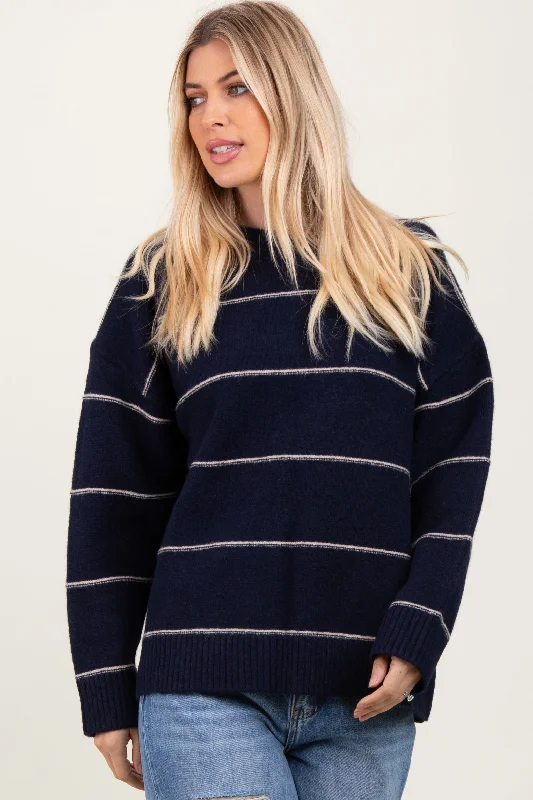 Eco - Friendly Sweaters for Green - Conscious -Navy Striped Drop Shoulder Sweater