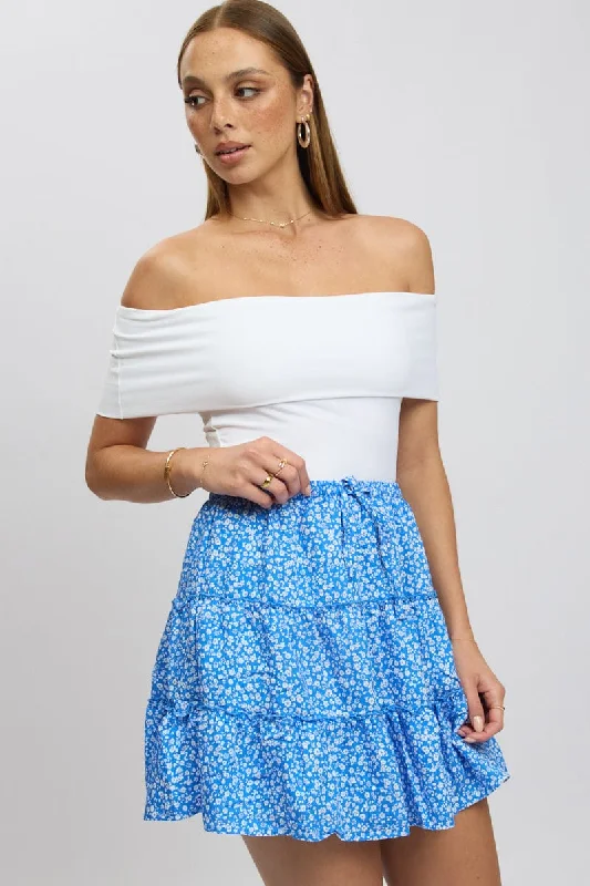 Luxury skirts with shimmering sequin details -Blue Ditsy Skater Skirt High Rise Tiered Mini Lined