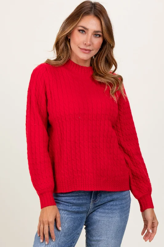 Crocheted Sweaters for Handmade Touch -Red Cable Knit Mock Neck Bubble Sleeve Sweater