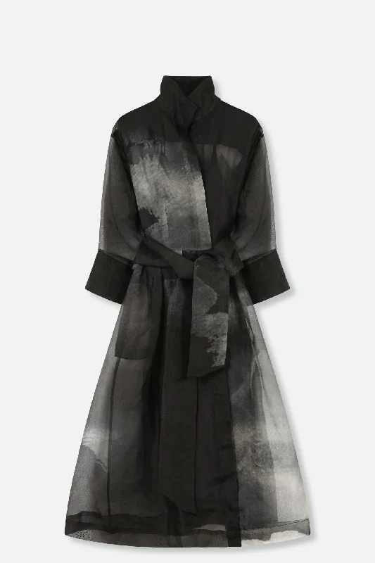 Faux Leather Dresses for Affordable -GABRIELLE PRINTED SILK ORGANZA DRESS IN GREY AND BLACK STORM