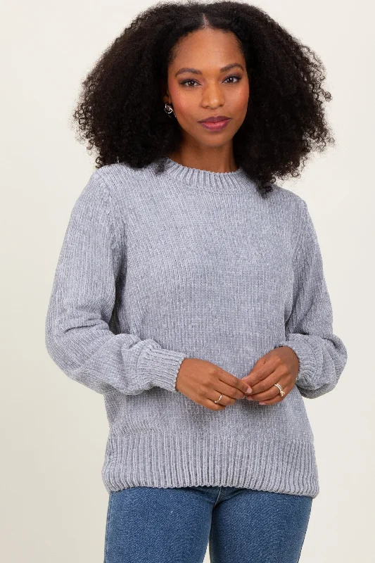 Checkered Sweaters for Casual Vibe -Heather Grey Chenille Knit Sweater