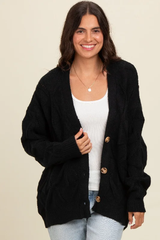 Indoor - Comfort Sweaters for Home -Black Textured Button Up Sweater Cardigan