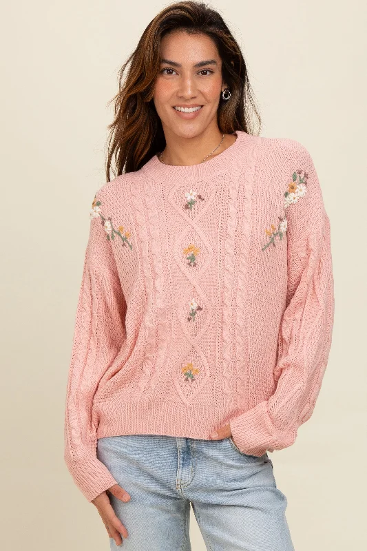 Acrylic Sweaters for Affordable Price -Mauve Embroidered Flower Cable Knit Sweater