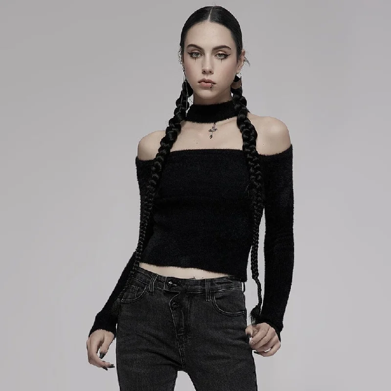 Beaded Sweaters for Sparkling Effect -Women's Punk Off Shoulder Mohair Sweater