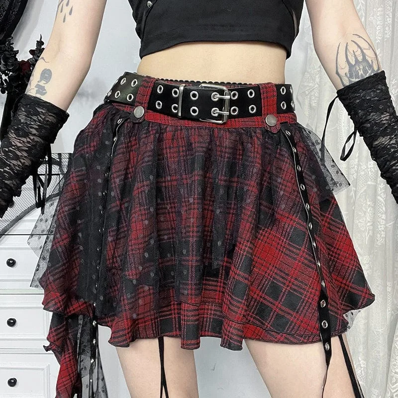 Durable skirts with reinforced seam strength -Women's Grunge Mesh Grid Bubble Short Skirt Red