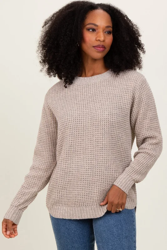 V - Neck Sweaters for Slimming Effect -Dark Beige Waffle Knit Rounded Hem Sweater