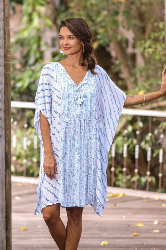 Animal Print Dresses for Fun -Azure Helix Helix Motif Rayon Short-Sleeve Tunic-Style Dress from Bali