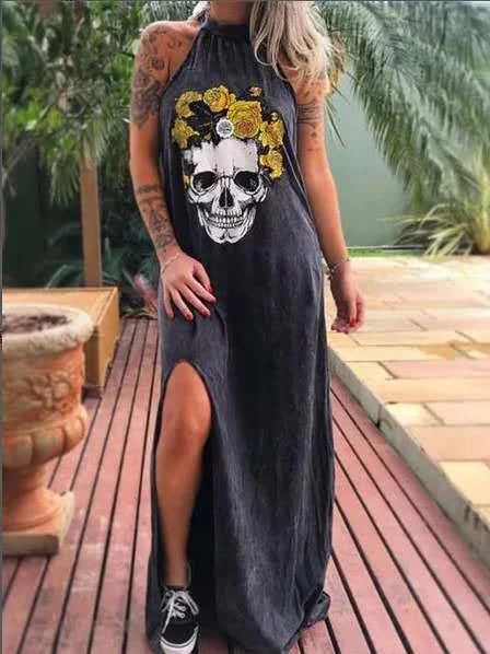 Punk Dresses with Spikes -Slim Fit Midi Dress With Printed Skull