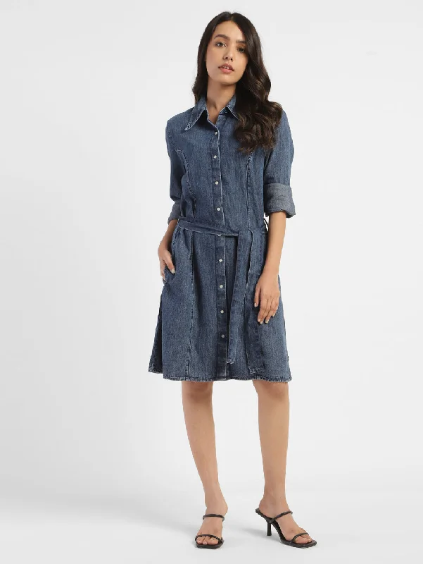 Zippered Dresses for Convenience -Women's Solid Mid Indigo Shirt Collar Dresses