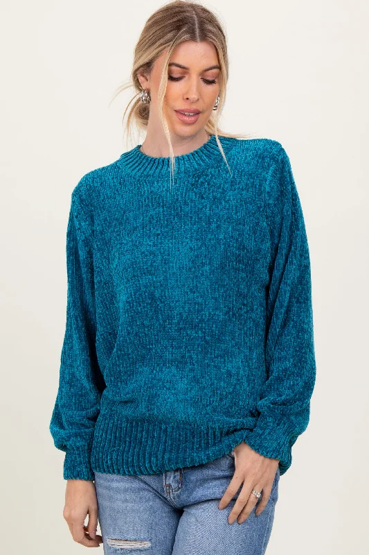 Open - Neck Sweaters for Airy Feel -Teal Chenille Knit Sweater