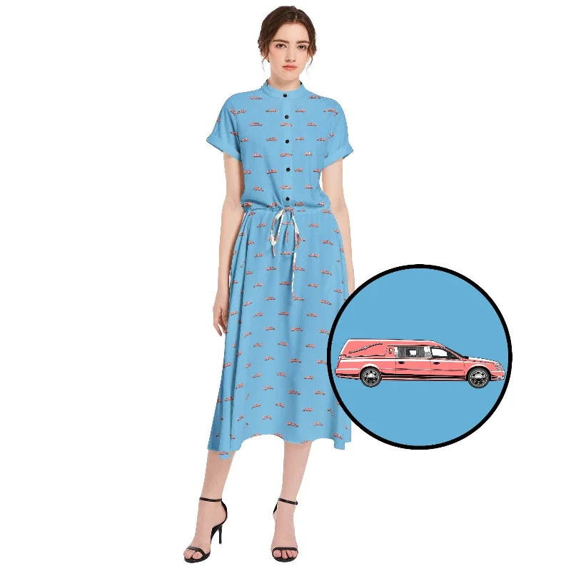 Work Dresses for Professional -Pink Hearse on Baby Blue - Waist A-line Flared Midi Dress