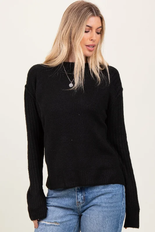 Split - Neck Sweaters for Unique Neckline -Black Raised Seam Long Sleeve Sweater