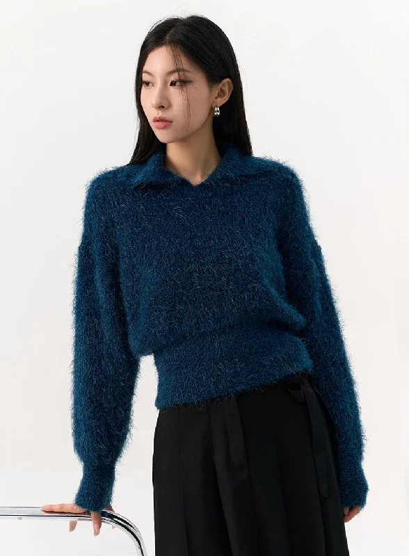 Hand - Knitted Sweaters for Personal Touch -Fuzzy Knit Collar Sweater IO320