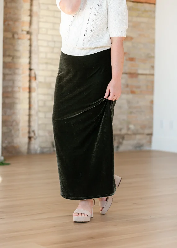 Classic skirts with simple clean lines -Velvet Pull-on Green Maxi Skirt