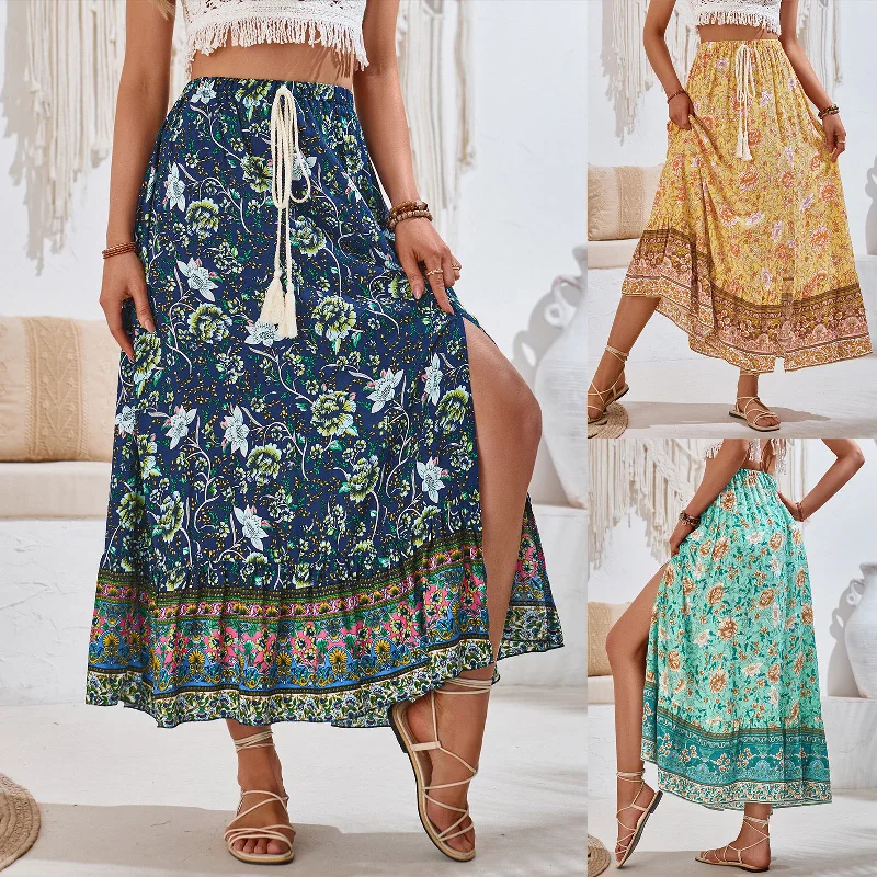 Casual skirts for relaxed weekend lounging -Summer Bohemian Casual Floral Drawstring Waist Half Skirt