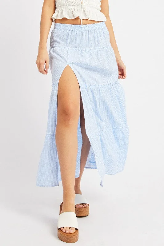 Soft cotton skirts for cozy comfort -Blue Check Tiered Maxi Slit Skirt