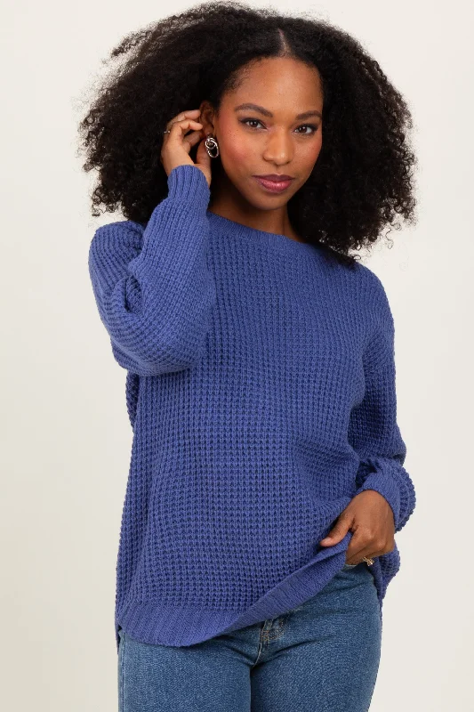 Fair Isle Sweaters for Patterned Design -Periwinkle Waffle Knit Rounded Hem Sweater