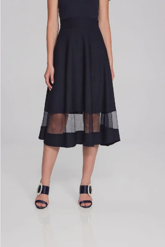 Stretchy skirts for all-day wear comfort -Joseph Ribkoff Midnight Blue Mesh Insert High Waist Midi Flared Skirt 241763