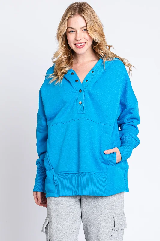 Machine - Washable Sweaters for Convenience -Blue Hooded Button Pullover Sweater