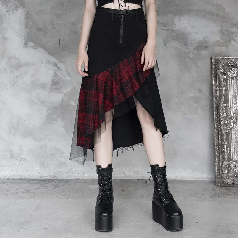 Pleated skirts for sophisticated evening wear -Women's Goth Front Zip High-waisted Plaid Irregular Skirt