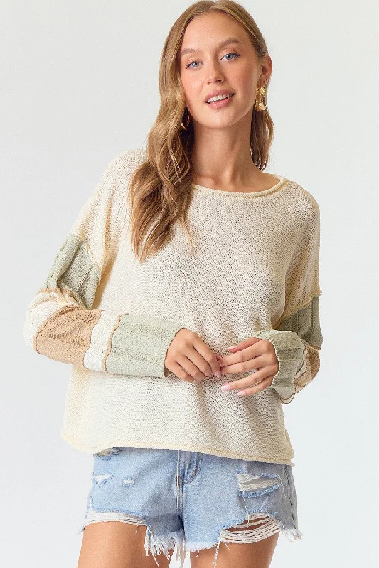 Lightweight Sweaters for Layering -Cream Multi Stripe Sleeve Sweater Top