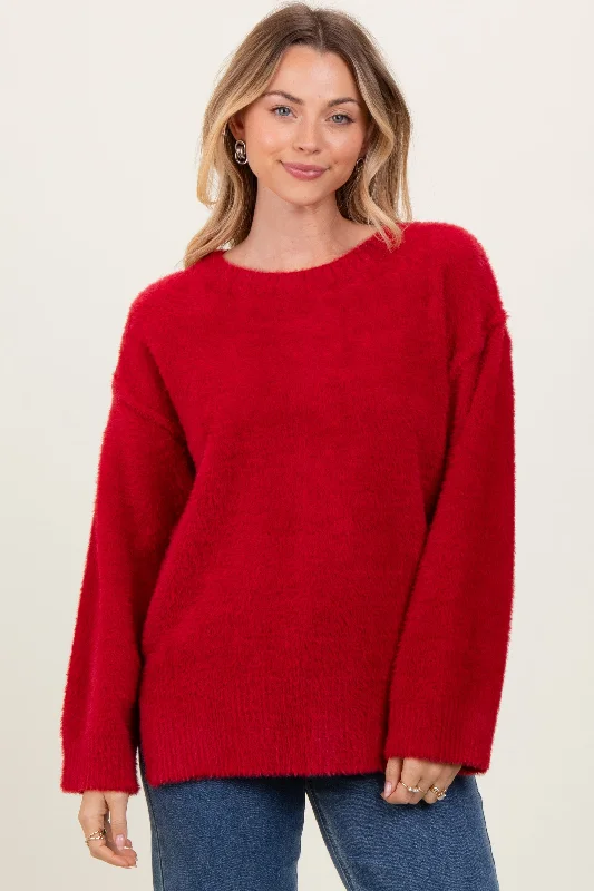 Wrap Sweaters for Adjustable Fit -Red Fuzzy Knit Oversized Sweater