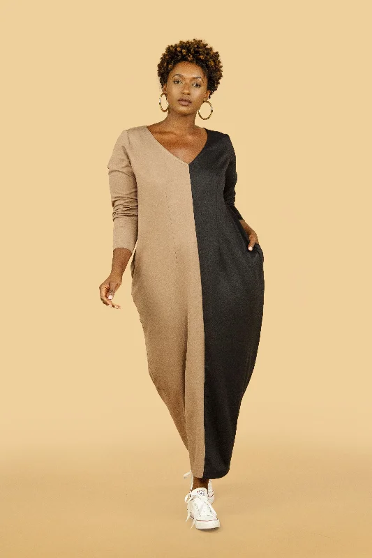 A-line Dresses for Flattering -Two Tone Maxi Cocoon Dress- Jibri