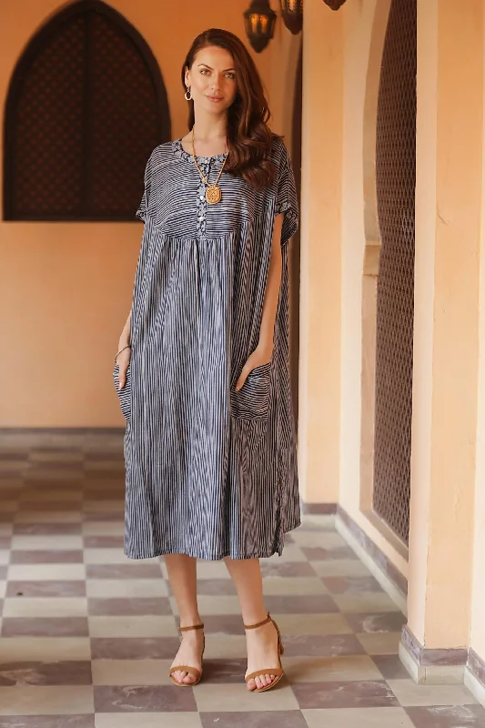 Mother's Day Dresses for Gift -Stripes and Flowers Dark and Light Blue Striped Cotton Caftan Dress