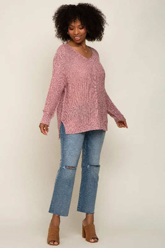 Machine - Washable Sweaters for Convenience -Mauve Chunky Knit Side Slit Sweater