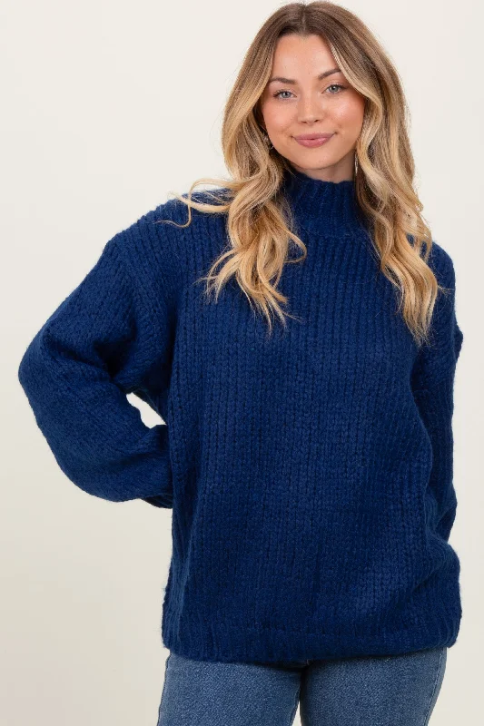 Cropped Sweaters for Modern Fashion -Blue Chunky Knit Mock Neck Sweater