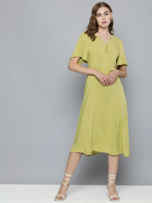 Short-sleeved Dresses for Summer -Women's Solid Green V Neck Dresses