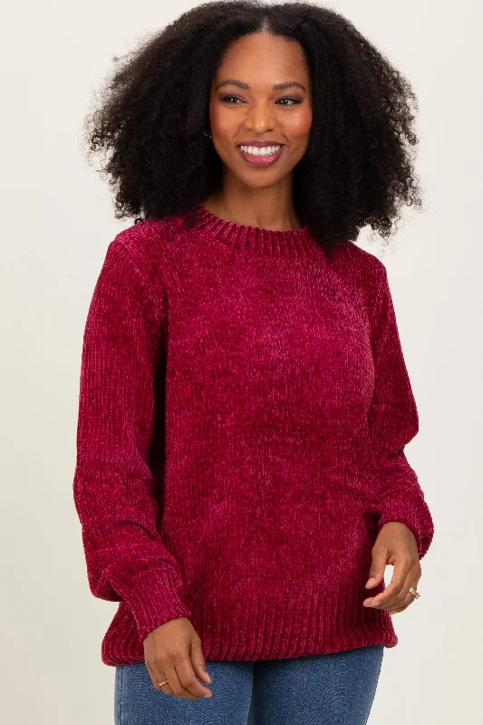 Turtleneck Sweaters for Cold Weather -Burgundy Chenille Knit Balloon Sleeve Sweater