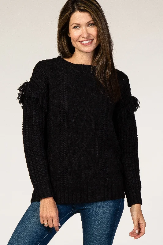 Christmas Sweaters for Holiday Spirit -Black Cable Knit Fringe Sleeve Sweater