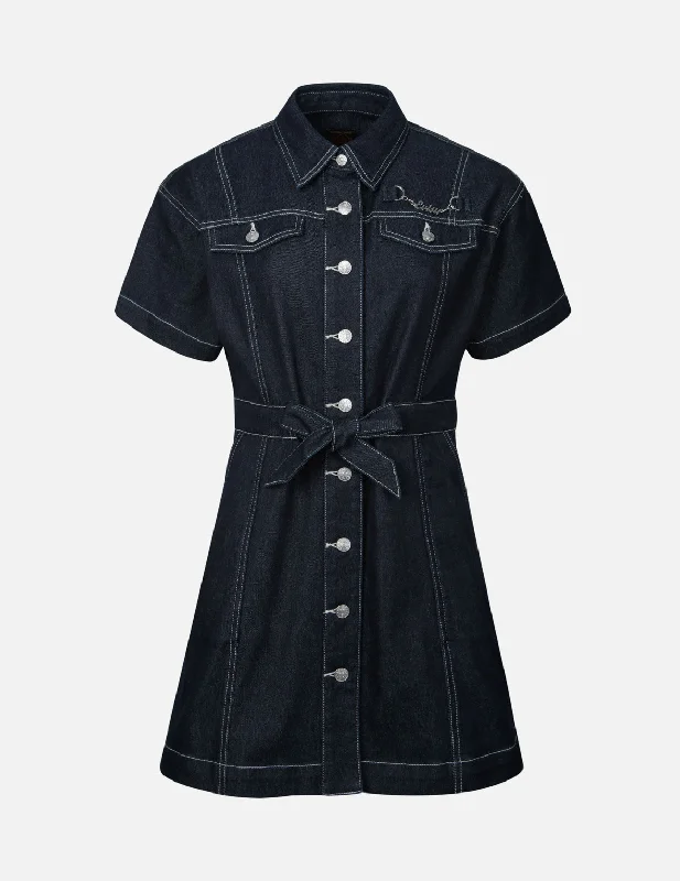 Gray Dresses for Subtle -Seagull Embroidery Loose Fit Denim Shirt Dress