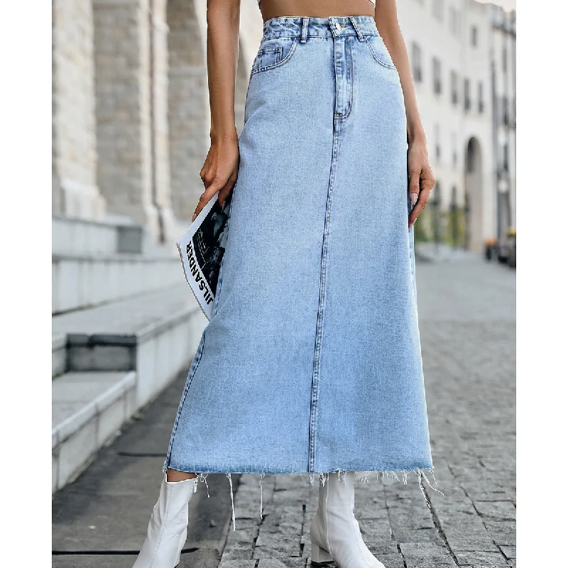 Patterned skirts with unique abstract art -High Waisted A-line Denim Maxi Skirt