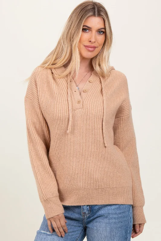 Fleece - Lined Sweaters for Warmth -Beige Ribbed Knit Button Front Hooded Sweater