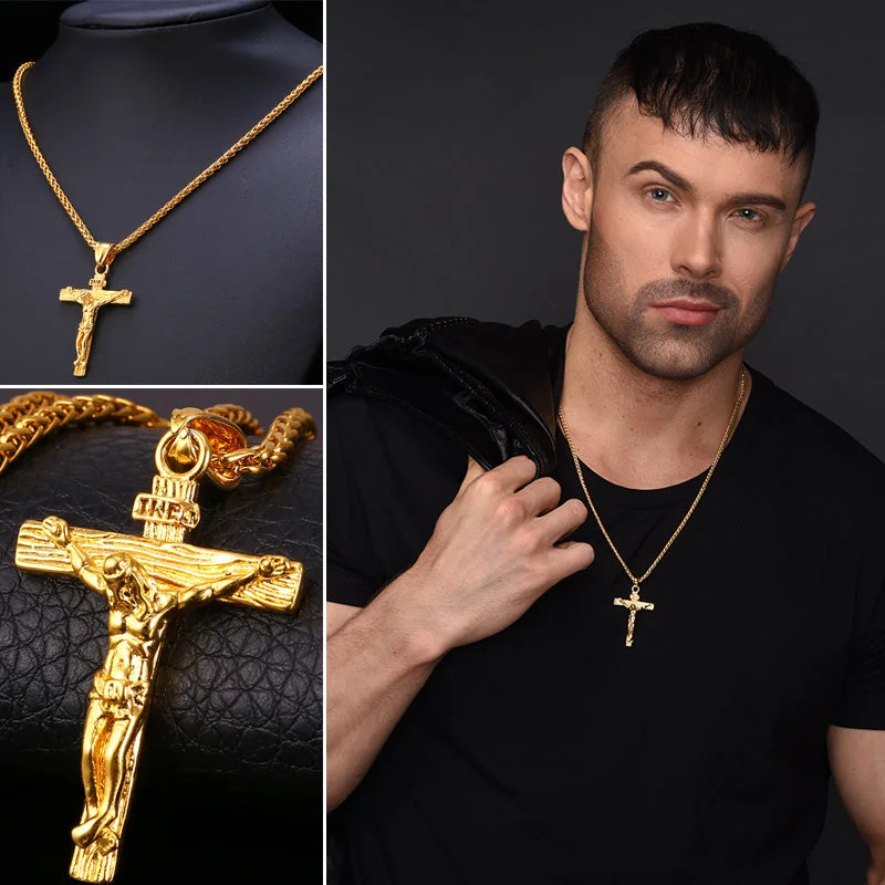 Necklaces and pendants with enamel accents for a colorful, eye-catching appearance-Crucifix Jesus Gold Color Catholic Jewelry