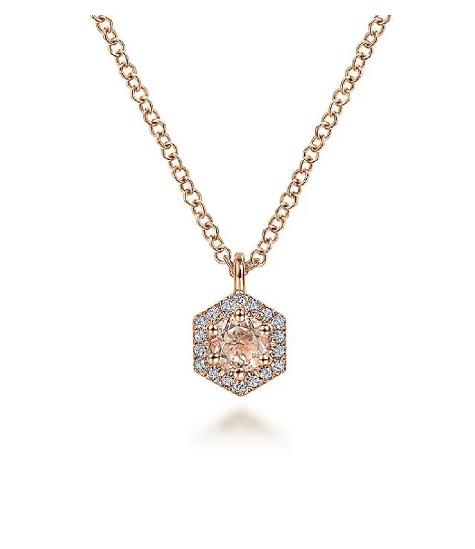 Best necklaces and pendants with heart-shaped designs for a romantic look-Gabriel & Co-14 K Rose Gold Hexagonal Halo Morganite and Diamond Pendant Necklace