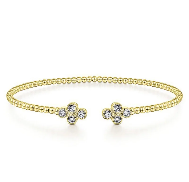 Unique necklaces and pendants with vintage-inspired designs for timeless appeal-Gabriel & Co-14 K Yellow Gold Bujukan Split Cuff Bracelet with Quatrefoil Diamond Endcaps