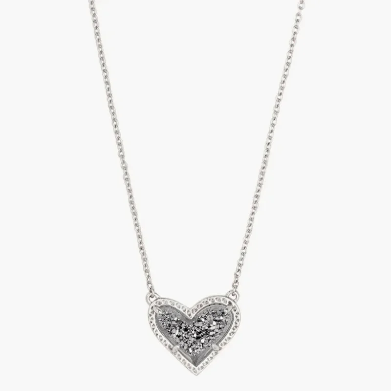 Best necklaces and pendants with emerald gemstones for a rich, sophisticated design-Kendra Scott-Ari Heart Silver Pendant Necklace in Platinum Drusy 4217710104