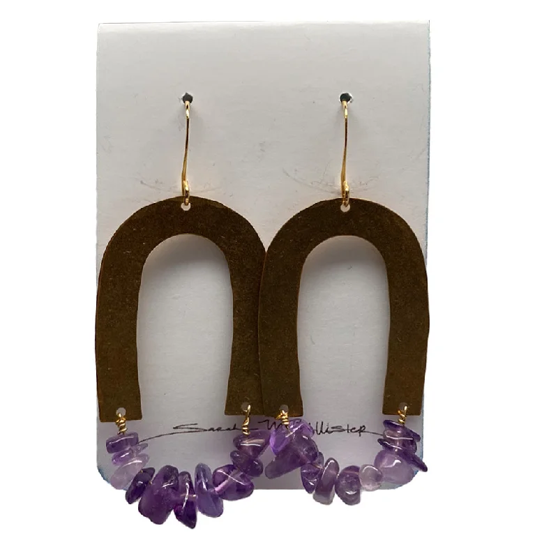 Trendy necklaces and pendants with statement pieces for a bold fashion statement-Sarah McAllister Jewelry - Hand Hammered Brass Hoops - Amethyst/Gold Plate