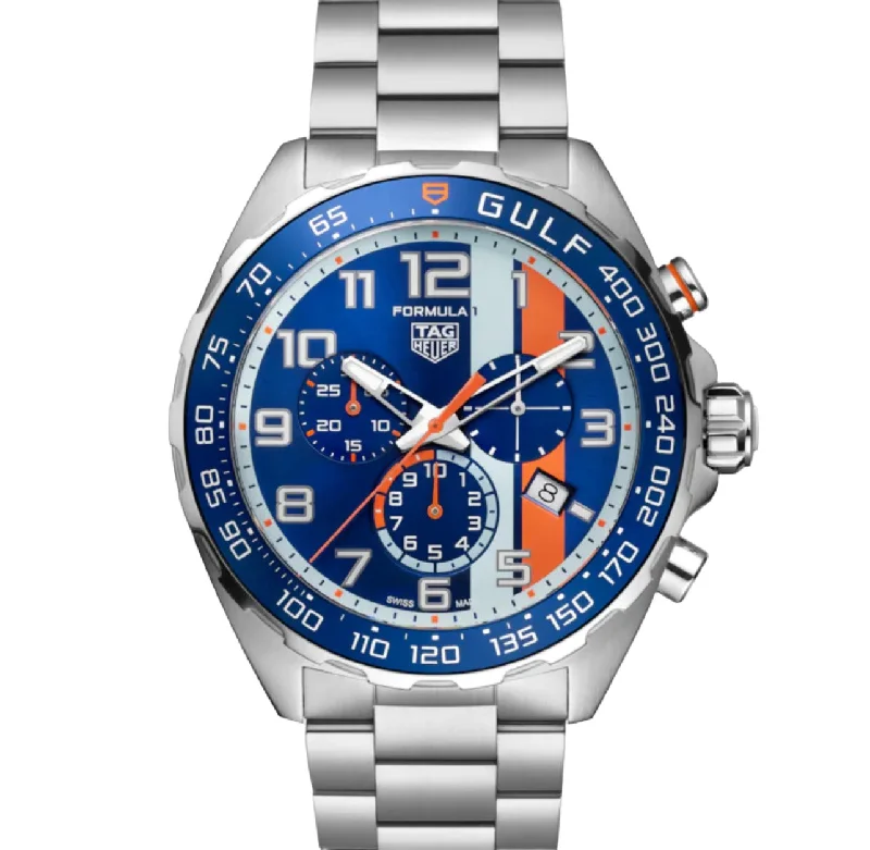 Fashionable necklaces and pendants with birthstones for a personalized gift idea-TAG HEUER-FORMULA 1 GULF Quartz Chronograph, 43 mm, Steel CAZ101AT.BA0842